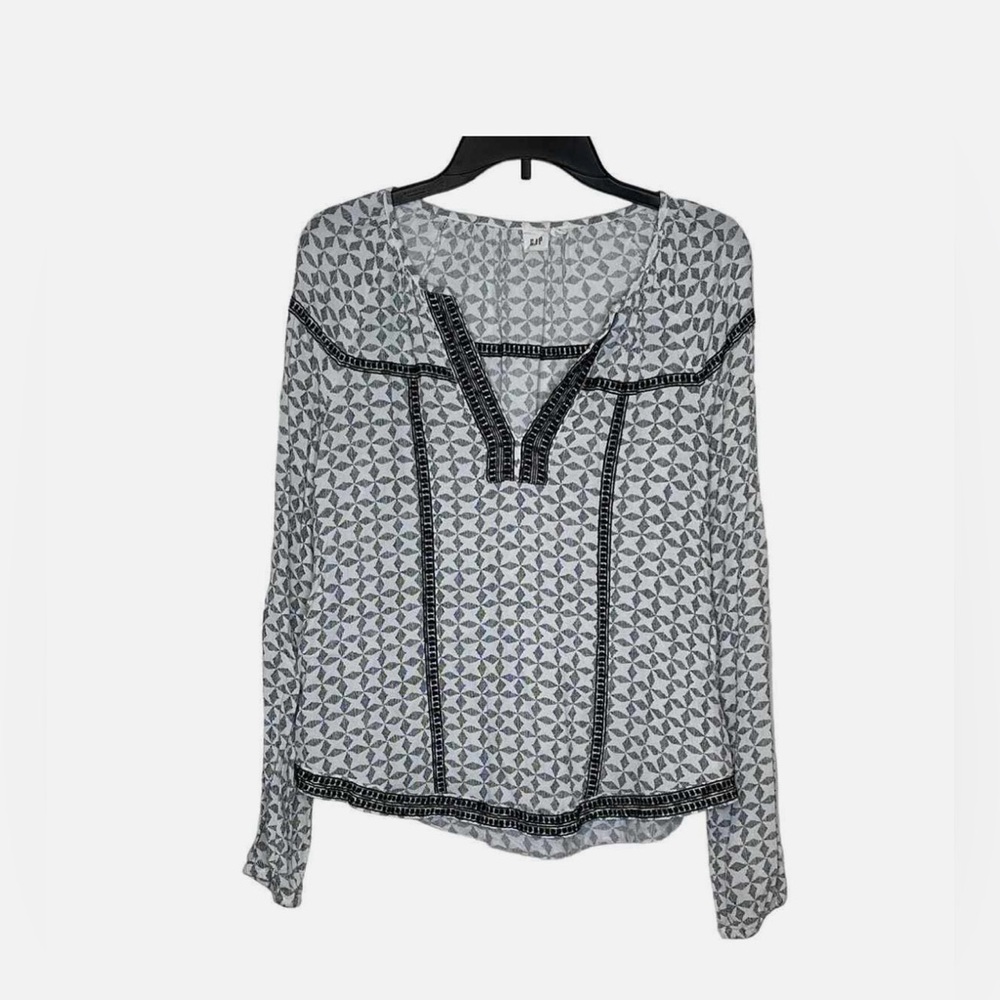 Gap Women Top Embroidered Print Slouchy V Neck Long Sleeve Gray/White Size